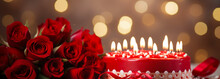 Birthday Cake With Red Roses And Candles