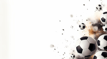 Wallpaper with soccer balls, white background with copy space. Sports template. Banner for birthday cards, invitations, football-themed advertisements.