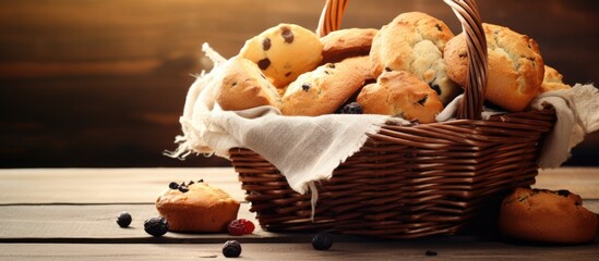 Poster - Homemade cakes in a rustic basket on a wooden background. Space for text. Fresh baked goods. Treat from your loved one. Copy space.