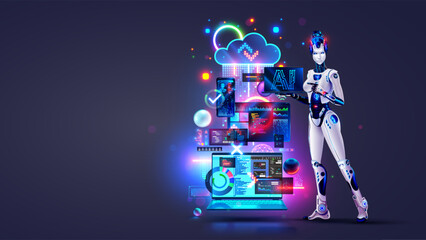 Leinwandbilder - AI online bot software development. Robot woman with AI with laptop in hand. Artificial intelligence technology. Technology of Software development concept. Programming, coding with help AI chatbot.