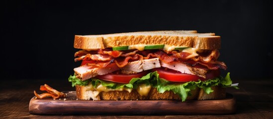 Sticker - Chicken, bacon, tomato, cucumber, and herbs on a club sandwich.