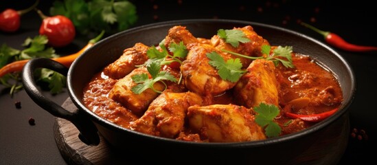 Poster - Chicken Madras Curry presented on a dark slate table. Indian dish with chicken in spicy masala gravy. Asian cuisine viewed from above.