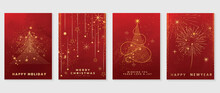 Elegant Christmas Invitation Card Art Deco Design Vector. Luxury Christmas Tree, Firework, Star, Sparkle Spot Texture On Red Background. Design Illustration For Cover, Poster, Wallpaper.