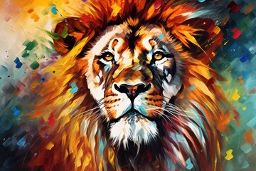  Vibrant and bright and colorful lion animal portrait poster. AI generated
