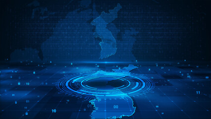 digital technology security numbers circle background on korea map hud