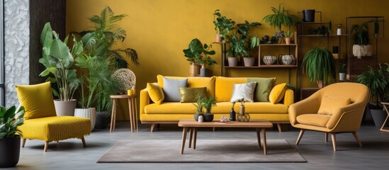 Poster - The contemporary boho style living room in a cozy apartment with a coffee table, sofa, yellow pillow, desk, armchair, plants, and stylish decor.