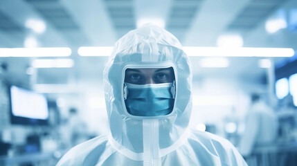 copy space, stockphoto, portrait of a technician in spacial clothing in a semiconductor production clean room. High tech technology. Semi conductor production plant. Clean room worker. Engineer portra