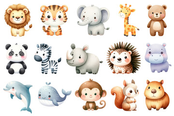  Watercolor Cute Zoo Animals Set. Set of Adorable Wild Animals Clipart. Watercolor Safari Animal Illustrations.