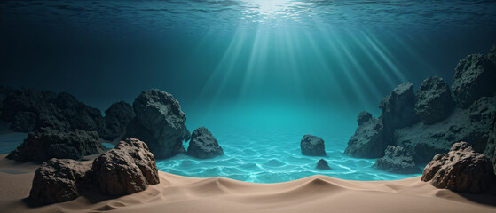 Underwater with blue sun light on blue background.