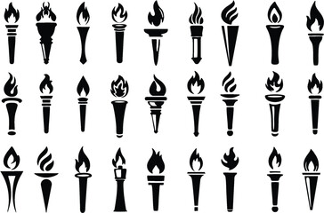 Set of traditional ancient Greek torch icons. Greece runner, Sport flame. Symbol of light and enlightenment. Editable vector burning stick, sports symbol icon, historical tradition icons. eps 10.