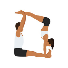 Young couple doing acroyoga Jedi Box, fitness or pilates practice in pair, yoga with partner, handstand with support. Flat vector illustration isolated on white background