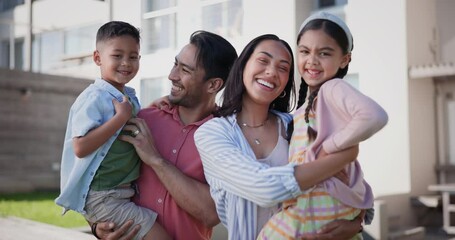 Poster - Family, children and outdoor by new house for real estate, property investment and mortgage in neighborhood. Face or portrait of happy interracial parents, mom and dad with kids in backyard of home