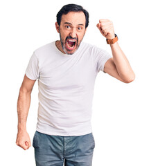 Wall Mural - Middle age handsome man wearing casual t-shirt angry and mad raising fist frustrated and furious while shouting with anger. rage and aggressive concept.