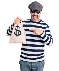 Poster - Middle age handsome man wearing burglar mask holding money bag smiling happy pointing with hand and finger