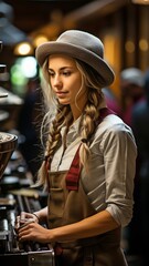 Wall Mural - A young woman is shown in a side shot, using machines at a coffee roastery. .