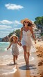Happy mother and daughter having fun on their summer vacation. The idea of a family vacation and trip.