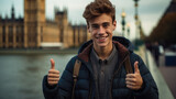 Fototapeta Big Ben - smiling happy young guy against the backdrop of Big Ben in London, boy, teenager, traveling to another country, student, studying English, schoolboy, work and study abroad, Europe, England, thumbs up
