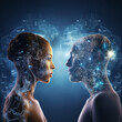 Artificial intelligence cyborg face and human face look at each other with technology schematics blueprints and interpersonal connection with neural networks futuristic style consciousness concept