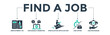 Find a job banner web icon concept with icons of employment ad, job search websites, speculative application, job offer, and job exchange. Vector illustration 
