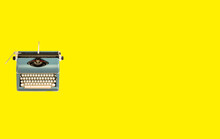 Typewriter Machine In Retro Style On Green Background. Top View
