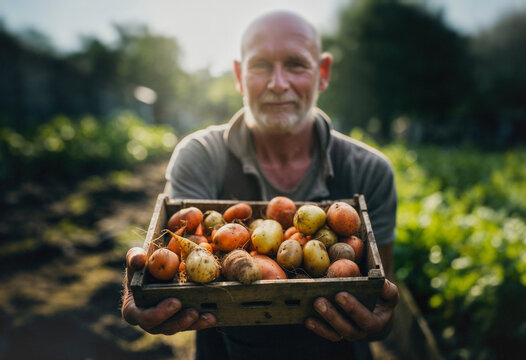 A gardener practising permaculture in his vegetable garden presents a crate of potatoes and sweet potatoes to the camera. Generative ai