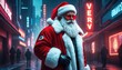 Santa wearing hi-tech glasses in a cyberpunk futuristic city with neon lights. Christmas background illustration.. Happy New years poster.