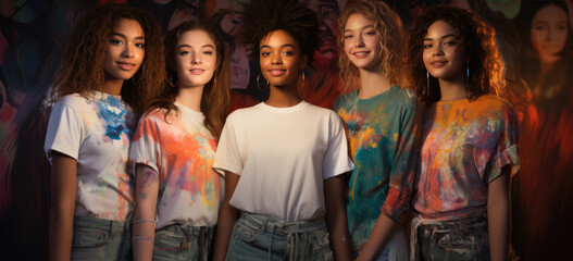 Wall Mural - a group of young smiling girls standing next to each other in their fashion t-shirts