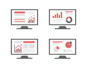 web statistic monitoring icon set, financial analytic chart graphs on computer screen