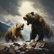 A dramatic encounter between a powerful grizzly bear and a swift, agile mountain lion in a rugged, rocky landscape