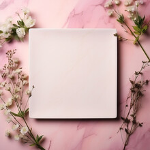 Square Marble Plate On Pink Background With Flowers