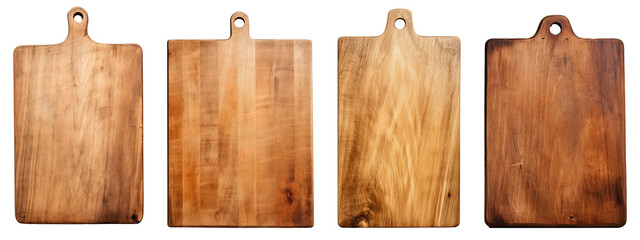 Four old wooden cutting boards, Transparent background PNG