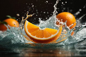 Flying orange slice with water splash, Water splashing on Sliced of orange