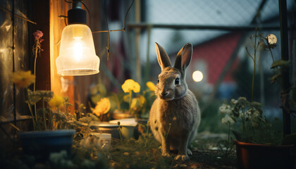 Recreation of cute wild rabbit in a garden