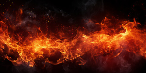 Wall Mural - abstract fire flame and particles on black background. wide template or banner, creative design with
