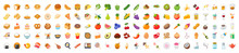 Food And Fruit Vector Emoji Illustration. Food And Beverages, Fruits Symbols, Emojis, Emoticons, Stickers, Icons Vegetables, Cakes, Vector Illustration Flat Icons Set, Collection. Vector Illustration.