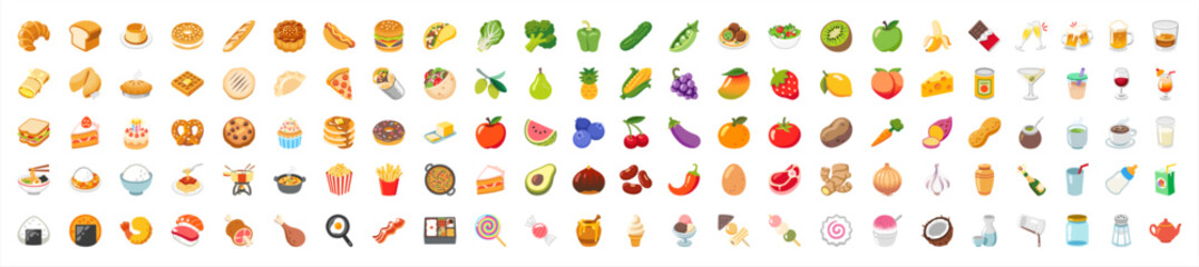 Food and fruit vector emoji illustration. Food and beverages, fruits symbols, emojis, emoticons, stickers, icons Vegetables, cakes, vector illustration flat icons set, collection. Vector illustration.