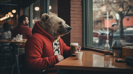 Poster - A man in a bear mask sitting at a table with a cup of coffee. Generative AI.