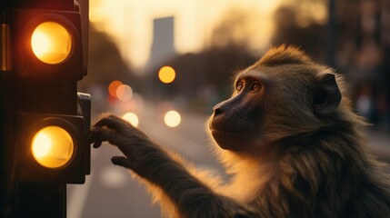 Wall Mural - A monkey that is standing next to a traffic light. Generative AI.