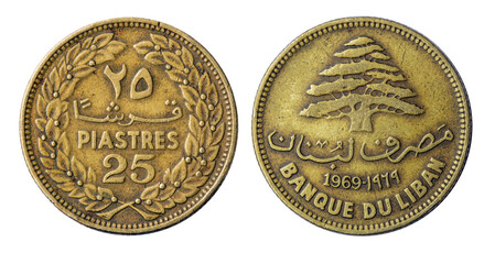 Coin 25 piastres. Lebanon. 1969 year