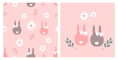 Poster - Seamless pattern with bunny rabbit cartoons, daisy flower and branch on pink background vector illustration.