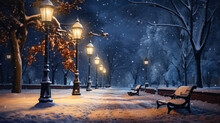 Snowfall In The City Park At Night In Winter