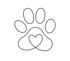 Wall Mural - Vector isolated one single dog cat bear paw print with heart colorless black and white contour line easy drawing 