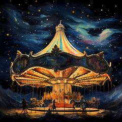 Sticker - A whimsical carousel spinning under a starry night sky.