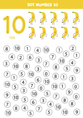 Wall Mural - Find and dot number ten. Learning number 10 with cute bananas. Educational worksheet.