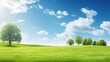 © radekcho - Beautiful blurred background image of spring nature with a neatly trimmed lawn surrounded by trees against a blue sky with clouds on a bright sunny day.