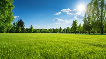 beautiful blurred background image of spring nature with a neatly trimmed lawn surrounded by trees a