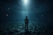 Man in moonlight at the bottom of sea