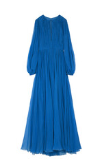 Wall Mural - blue maxi dress, fitted, long sleeves, floor-length, with a zipper on the back and a cutout on the chest, light and flowy, isolated on transparent or white background, png