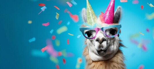  Happy Birthday, carnival, New Year's eve, sylvester or other festive celebration, funny animals card - Alpaca with party hat and sunglasses on blue background with confetti