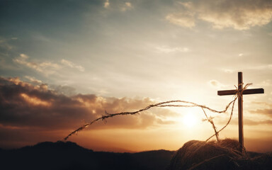 Easter background panorama religious greeting card Crucifixion and Resurrection. Three crosses of Golgotha by sunset.